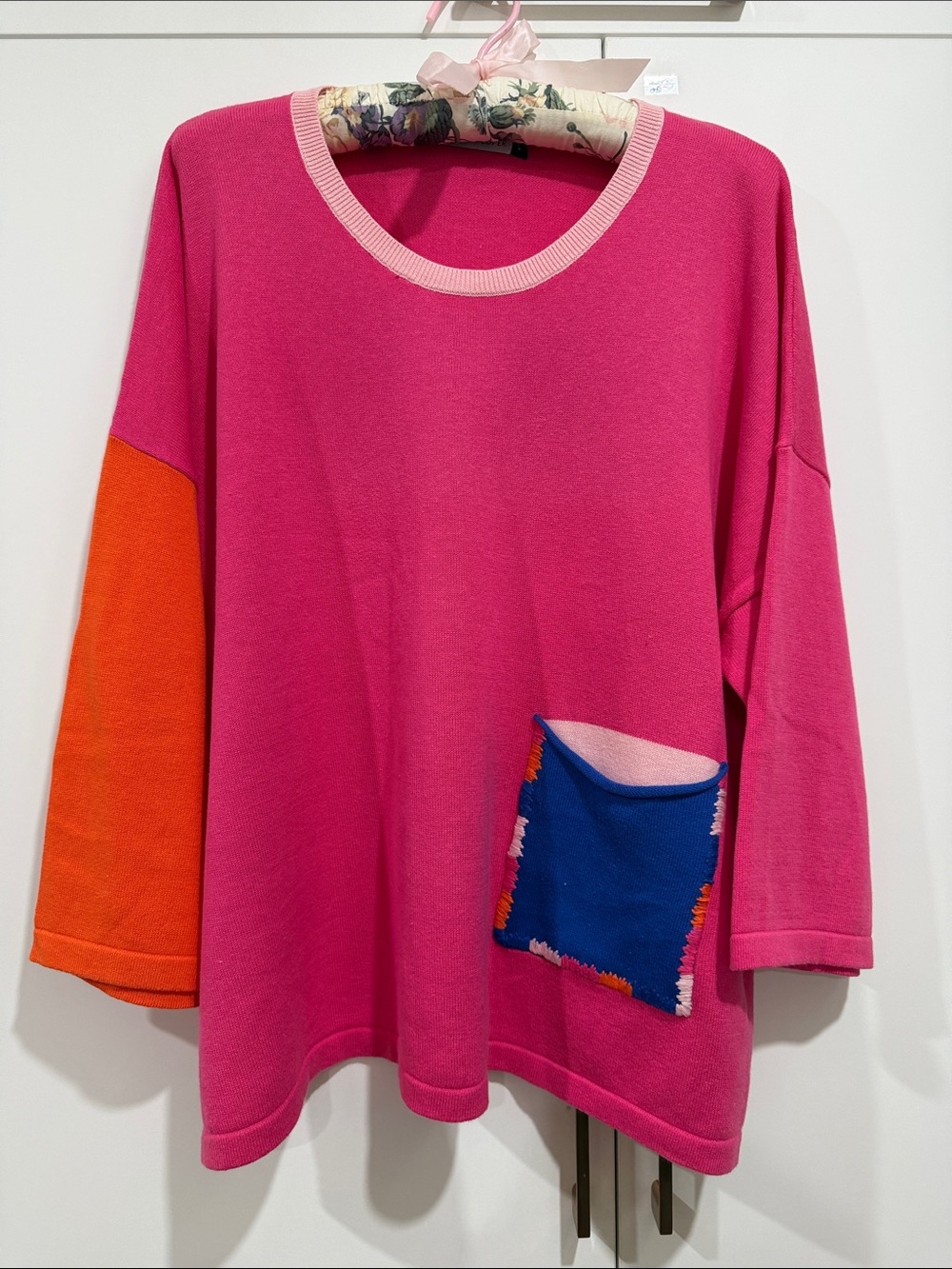 Girls' Pink Colorblock Sweater Top with Blue Patch Pocket